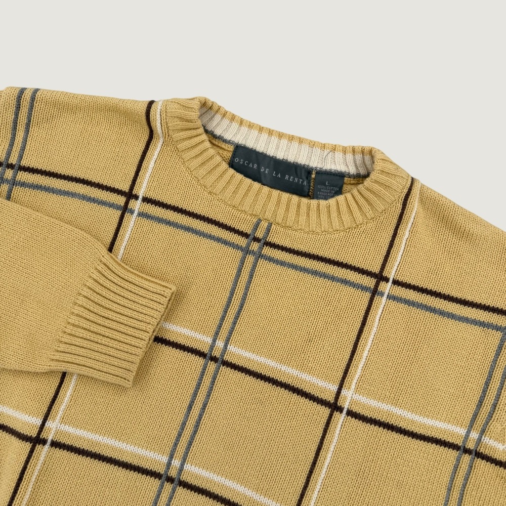 Oscar de la Renta Mens Large Yellow Plaid Cotton Knit Crewneck Sweater Cotton